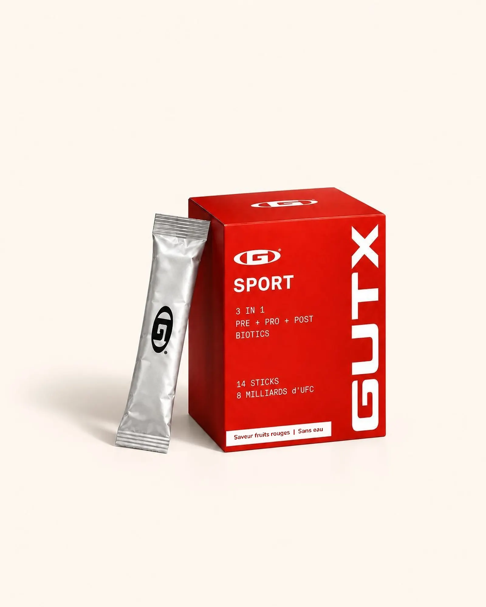 La boîte GUTX Sport de 14 sticks et un stick, saveur fruits rouges