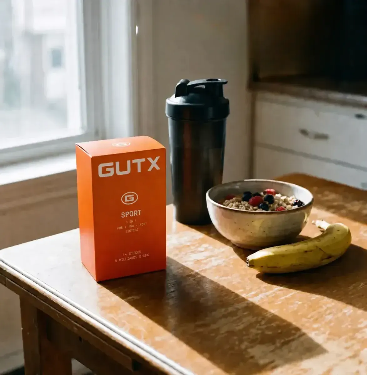 Une boîte GUTX posée près d’un petit déjeuner